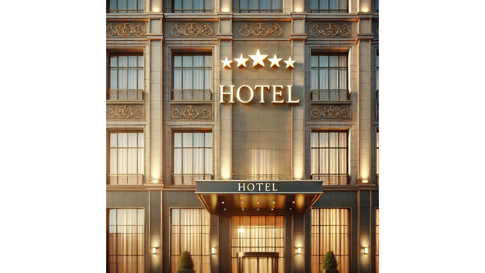 Fassade eines Fünf-Sterne-Hotels mit Hotel-Schriftzug und eleganter Architektur