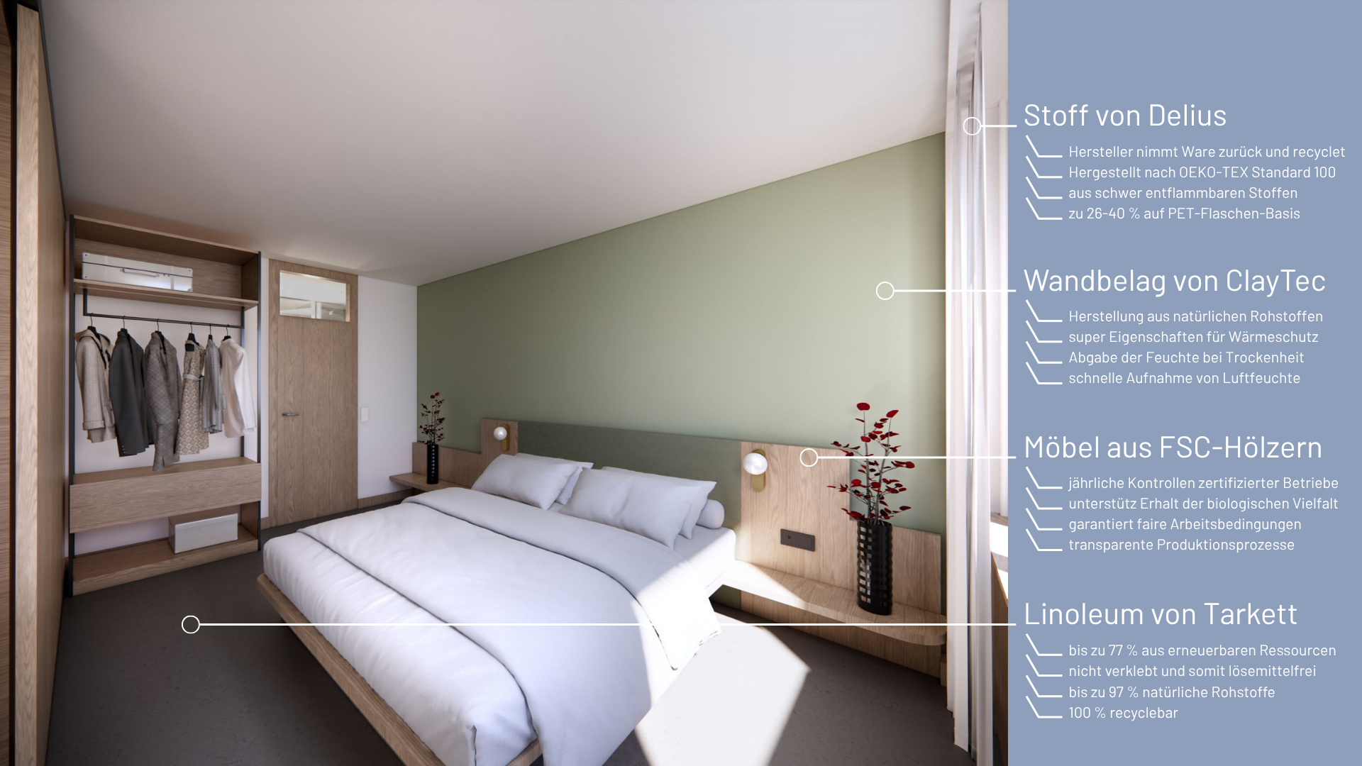 sustainable hotel room with information on materials